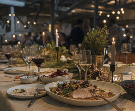 Langt julefrokostbord dækket op til firmafest i lokale med rå industrielle detaljer