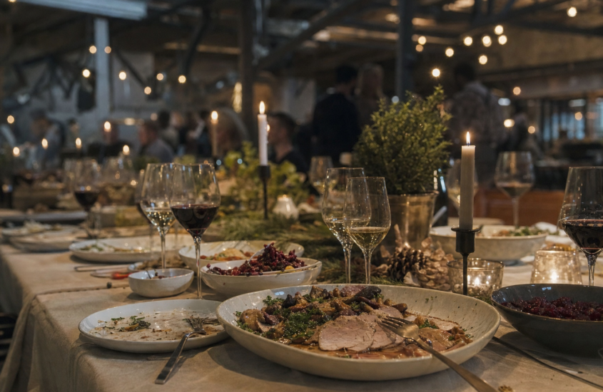 Langt julefrokostbord dækket op til firmafest i lokale med rå industrielle detaljer