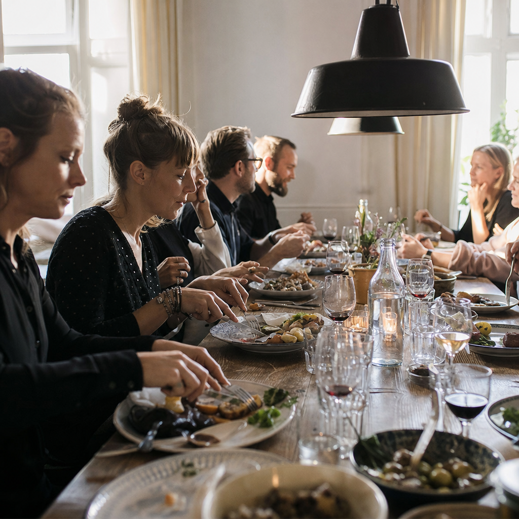 Kolleger sidder omkring et langt bord med halvtomme julefrokostfade i lavt eftermiddagslys